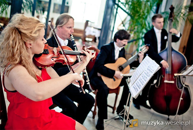 Muzycy grający na skrzypcach podczas ceremonii ślubnej