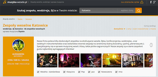 screen z serwisu muzyka-wesele.pl przedstawiający bazę muzyków ślubnych z Katowic