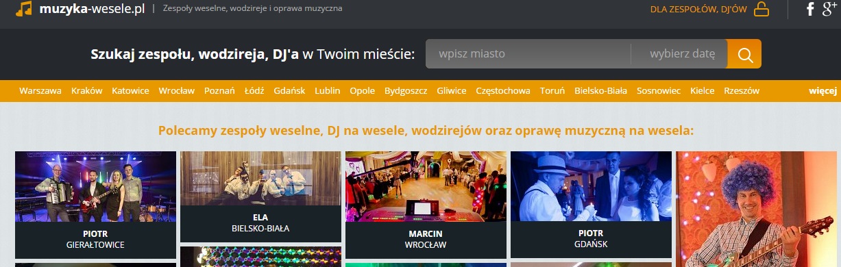 Strona główna portalu muzyka-wesele.pl, gdzie można znaleźć oferty najróżniejszych zespołów z całej Polski