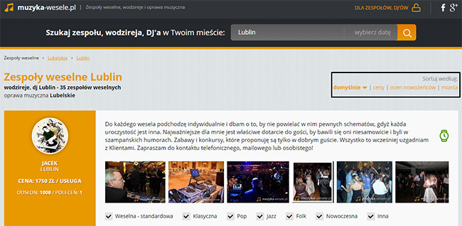 Opcje wyszukiwarki na podstawie bazy muzyków ślubnych z Lublina