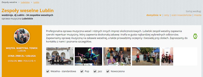 Screen z wyszukiwarki portalu muzyka-wesele.pl - Lublin